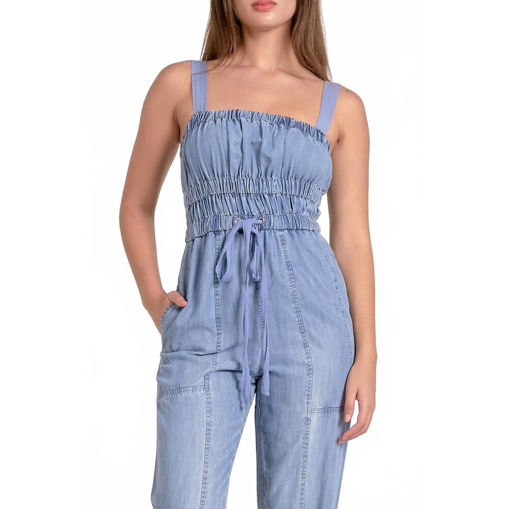 NEW ELAN denim tie waist jumpsuit in blue - Picture 6 of 7